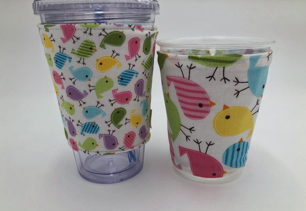 Spring Birds Coffee Cup Sleeve, Iced Coffee Cozy, Insulated Hot Drink Cozy, Pink, Green - EcoHip Custom Designs