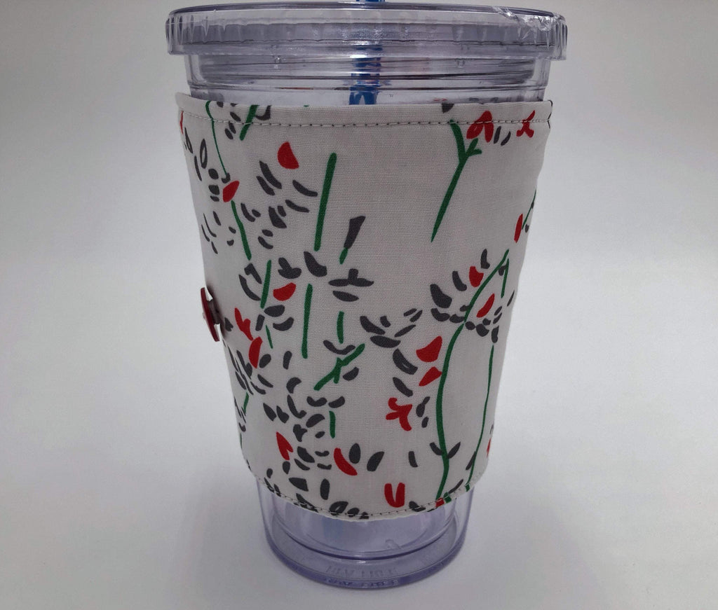 Red Floral Coffee Cozy, Reversible Iced Coffee Sleeve, Insulated Hot Drink Cozy - EcoHip Custom Designs