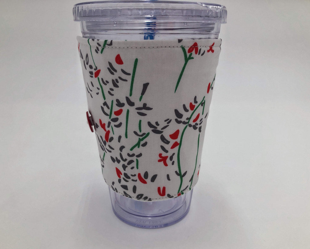 Red Floral Coffee Cozy, Reversible Iced Coffee Sleeve, Insulated Hot Drink Cozy - EcoHip Custom Designs