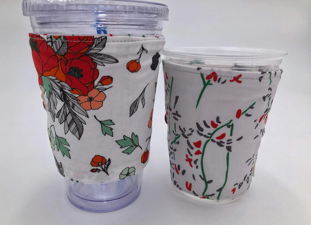 Red Floral Coffee Cozy, Reversible Iced Coffee Sleeve, Insulated Hot Drink Cozy - EcoHip Custom Designs