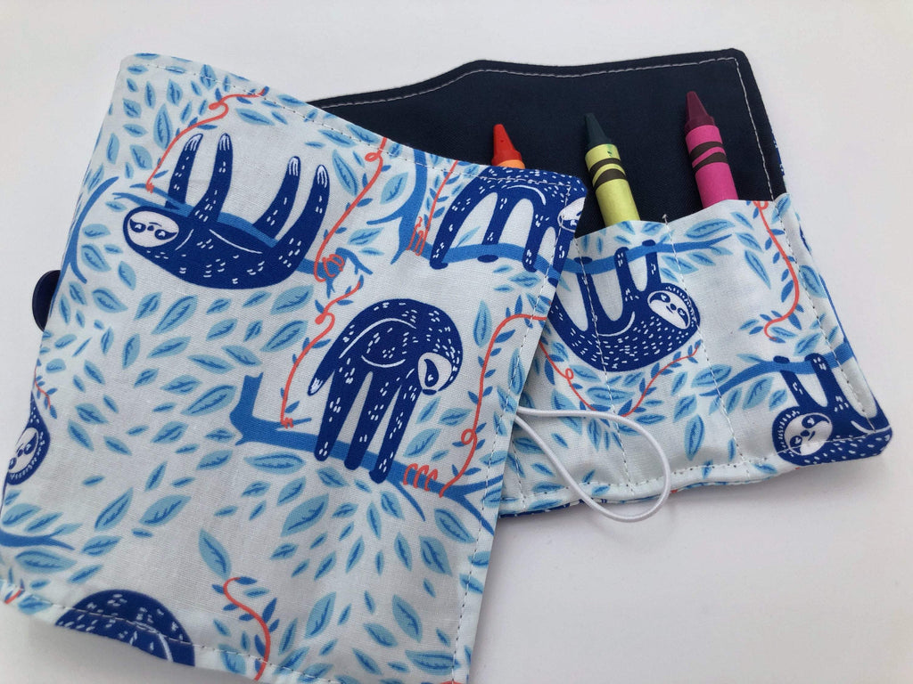 Sloths Crayon Roll, Blue Animal Crayon Caddy, Travel Toy for Kids - EcoHip Custom Designs