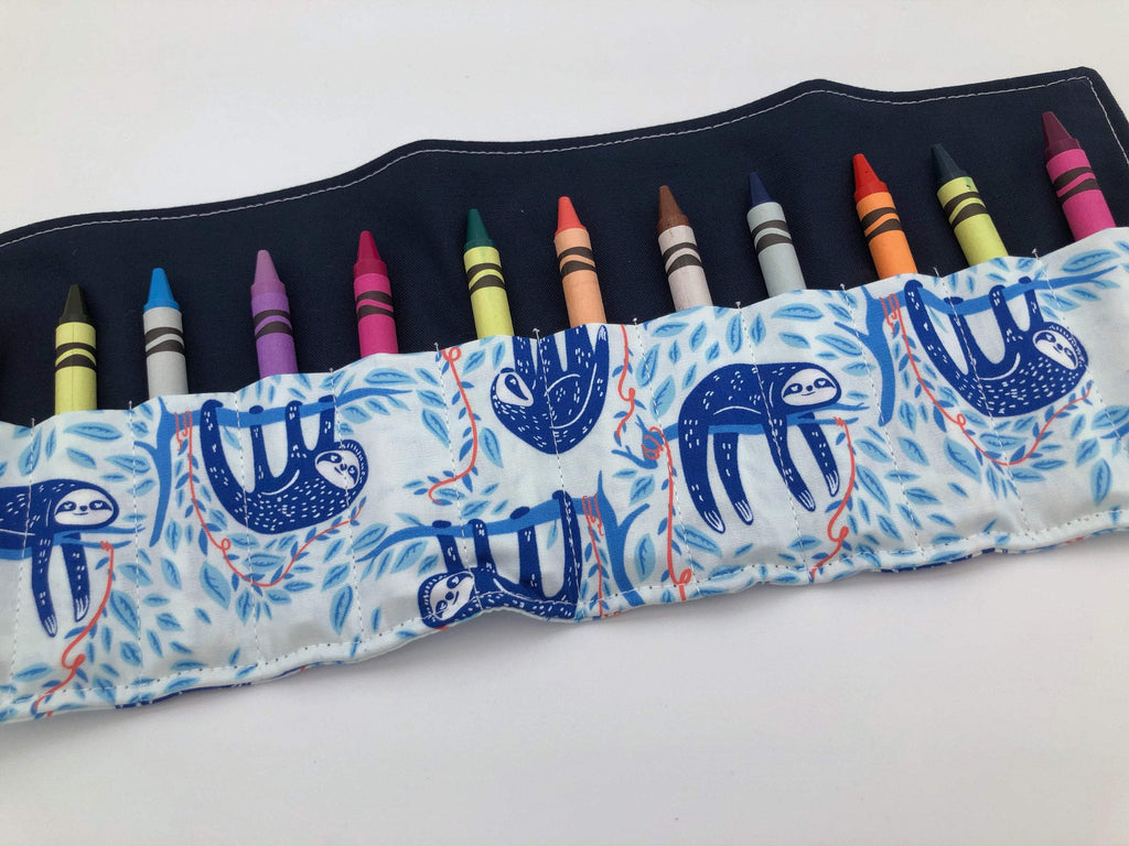 Sloths Crayon Roll, Blue Animal Crayon Caddy, Travel Toy for Kids - EcoHip Custom Designs