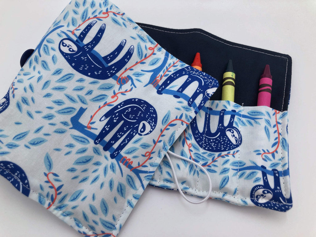 Sloths Crayon Roll, Blue Animal Crayon Caddy, Travel Toy for Kids - EcoHip Custom Designs