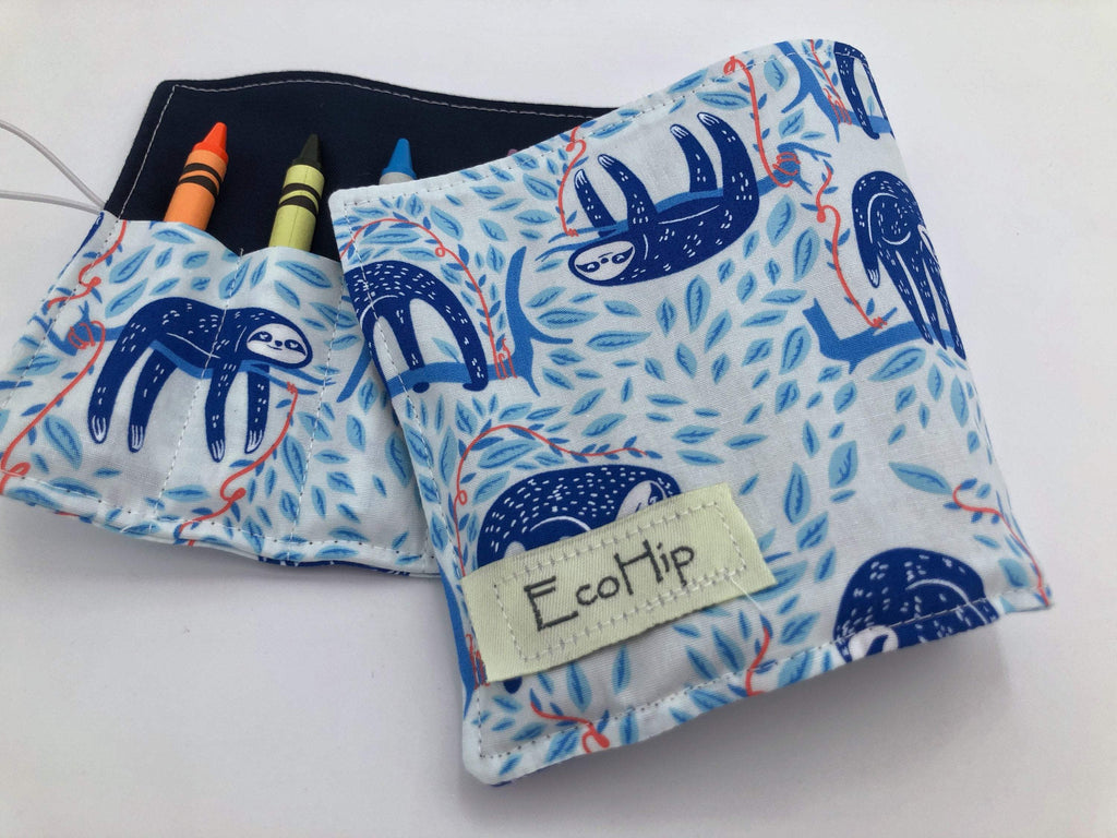 Sloths Crayon Roll, Blue Animal Crayon Caddy, Travel Toy for Kids - EcoHip Custom Designs