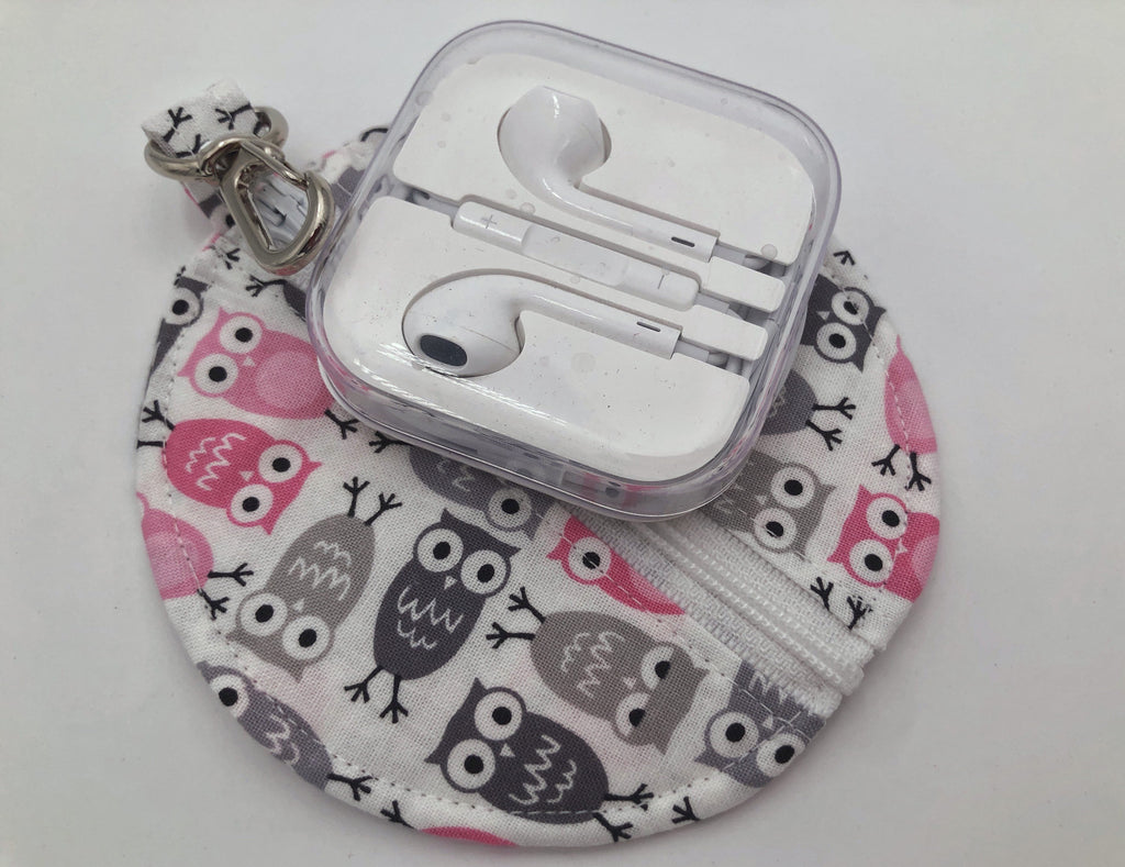 Gray Owl Headphone Case, Pink Bird Ear Pod Pouch, Small Coin Purse for Women - EcoHip Custom Designs