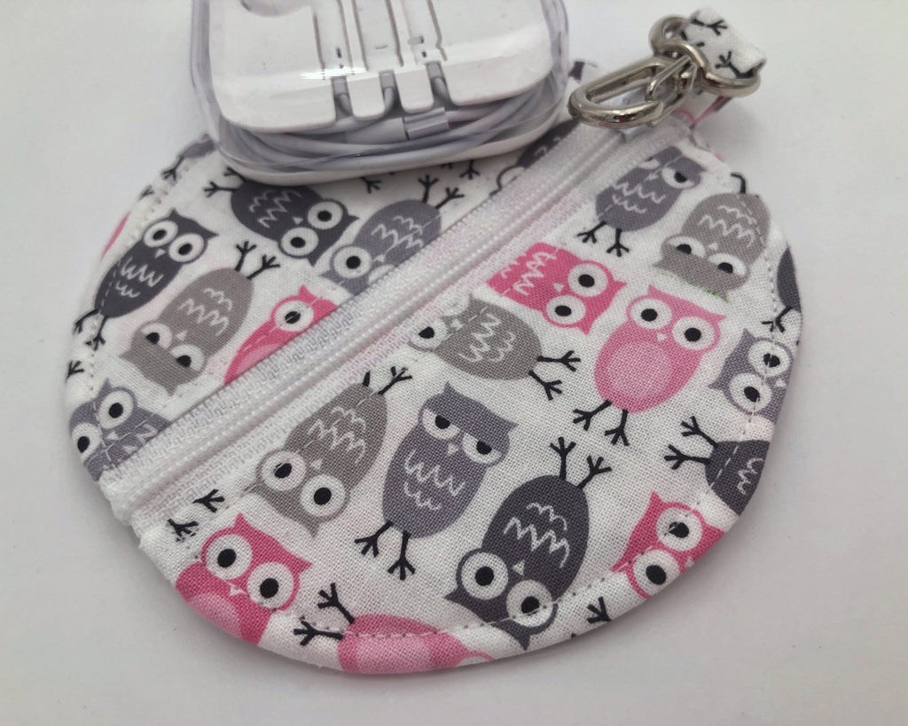 Gray Owl Headphone Case, Pink Bird Ear Pod Pouch, Small Coin Purse for Women - EcoHip Custom Designs