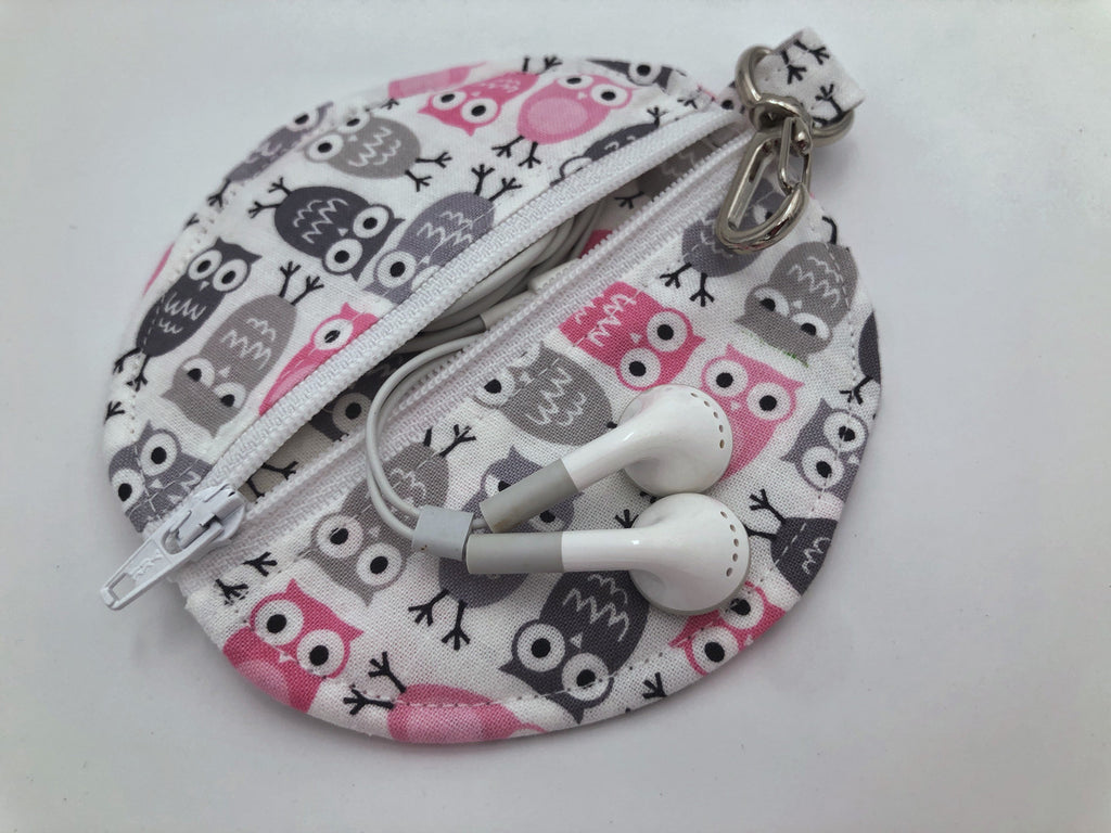 Gray Owl Headphone Case, Pink Bird Ear Pod Pouch, Small Coin Purse for Women - EcoHip Custom Designs