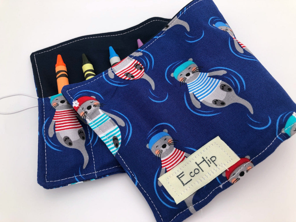 Sea Otter Crayon Roll, Travel Crayon Case Toy, Blue Crayon Holder - EcoHip Custom Designs