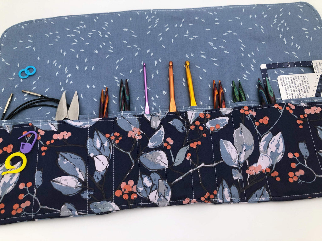 Blue Interchangeable Knitting Needle Case, Crochet Hook Holder, Knitting Notions Bag - EcoHip Custom Designs