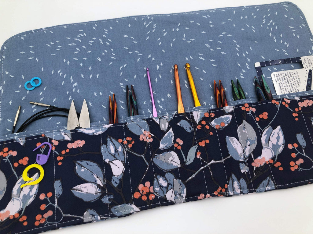 Blue Interchangeable Knitting Needle Case, Crochet Hook Holder, Knitting Notions Bag - EcoHip Custom Designs