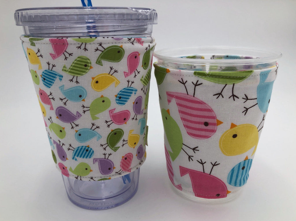 Spring Birds Coffee Cup Sleeve, Iced Coffee Cozy, Insulated Hot Drink Cozy, Pink, Green - EcoHip Custom Designs