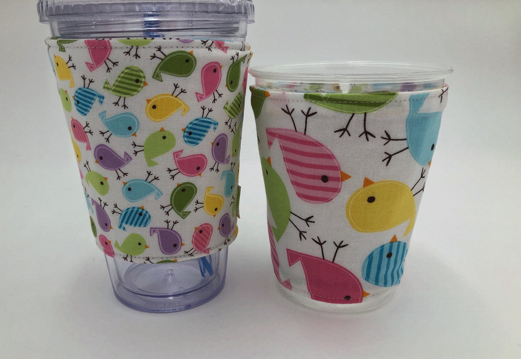 Spring Birds Coffee Cup Sleeve, Iced Coffee Cozy, Insulated Hot Drink Cozy, Pink, Green - EcoHip Custom Designs