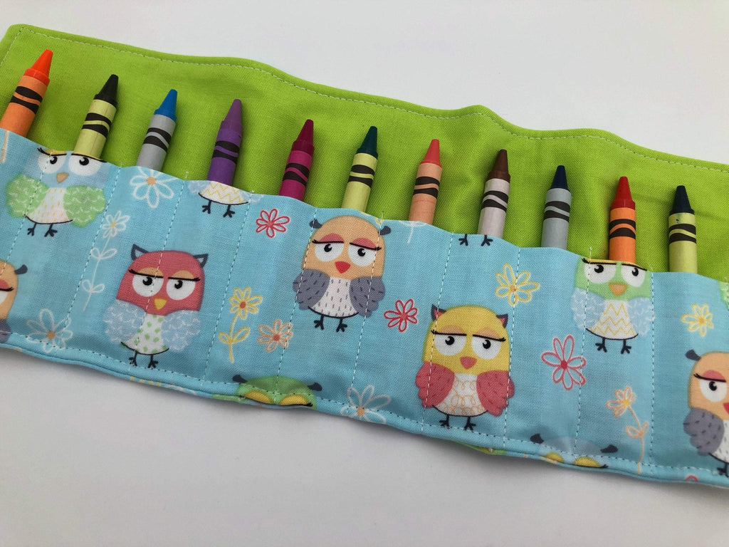 Blue Owl Crayon Roll, Bird Crayon Caddy, Travel Toy Bag for Kids - EcoHip Custom Designs