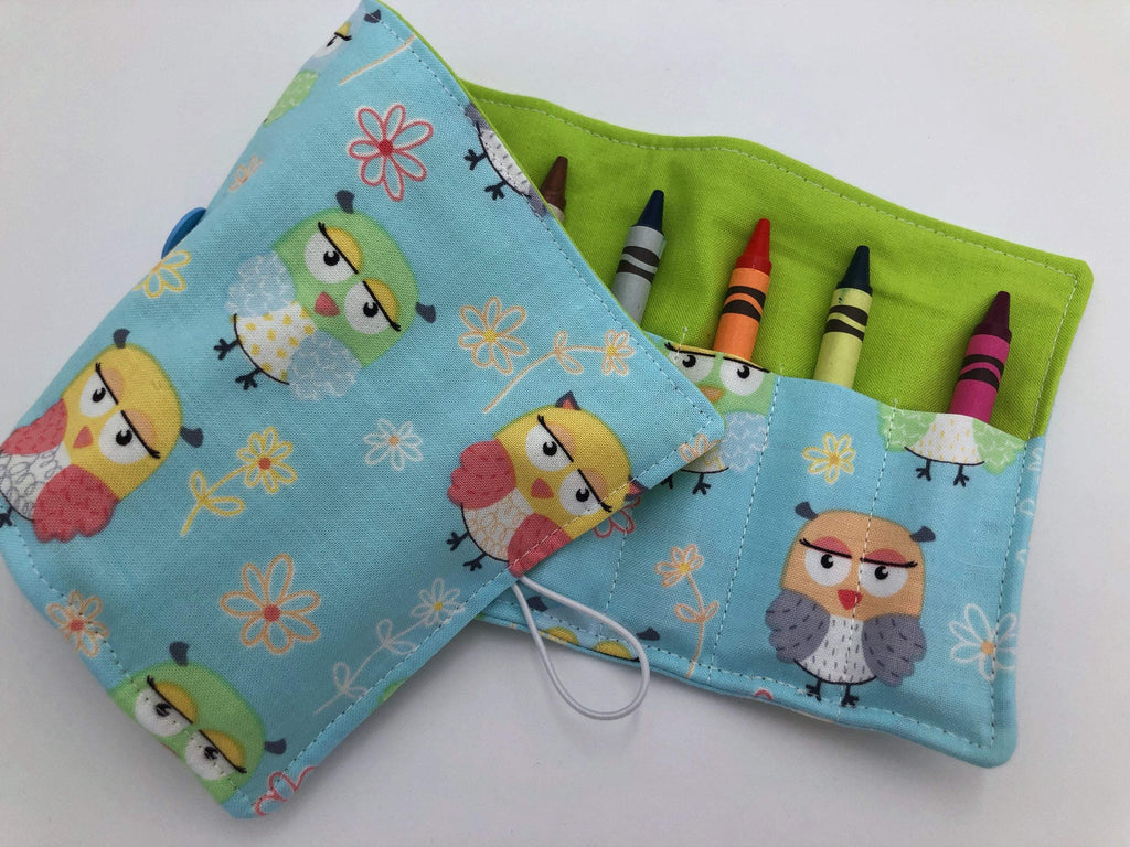 Blue Owl Crayon Roll, Bird Crayon Caddy, Travel Toy Bag for Kids - EcoHip Custom Designs