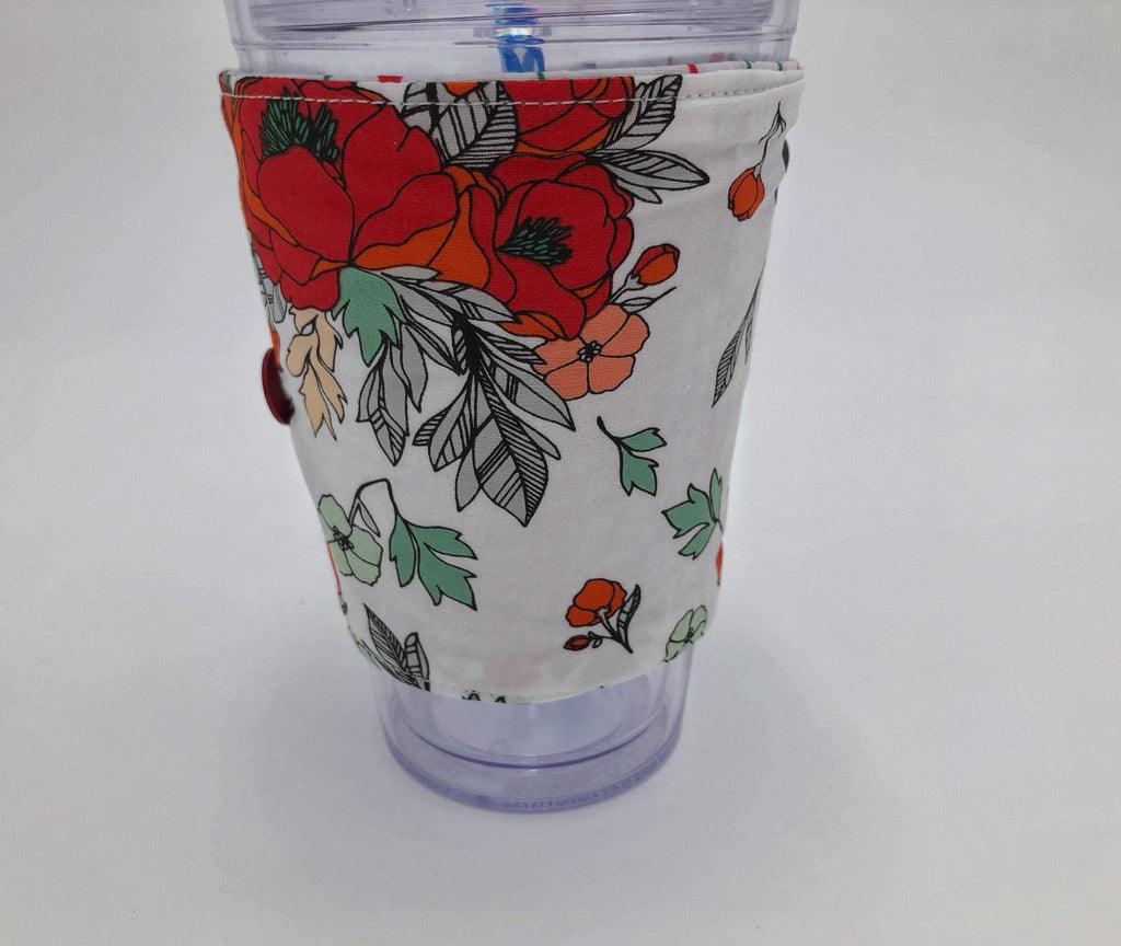 Red Floral Coffee Cozy, Reversible Iced Coffee Sleeve, Insulated Hot Drink Cozy - EcoHip Custom Designs