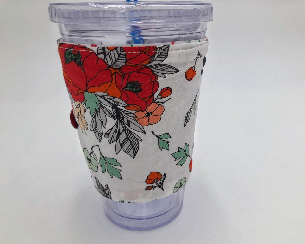 Red Floral Coffee Cozy, Reversible Iced Coffee Sleeve, Insulated Hot Drink Cozy - EcoHip Custom Designs