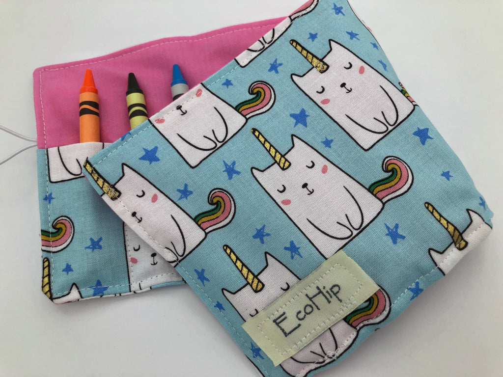 Caticorn Crayon Roll. Unicorn Crayon Bag, Travel Kitty Cat Crayon Toy for Toddlers - EcoHip Custom Designs