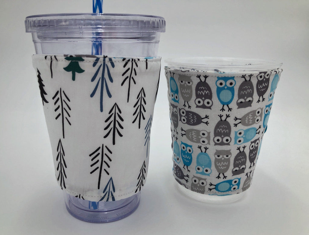 Blue Owl Iced Coffee Cozy, Gray Bird Coffee Sleeve, Nature Tree Hot Drink Cozy - EcoHip Custom Designs