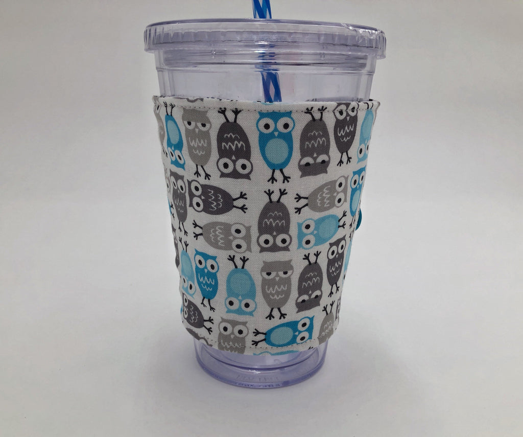 Blue Owl Iced Coffee Cozy, Gray Bird Coffee Sleeve, Nature Tree Hot Drink Cozy - EcoHip Custom Designs