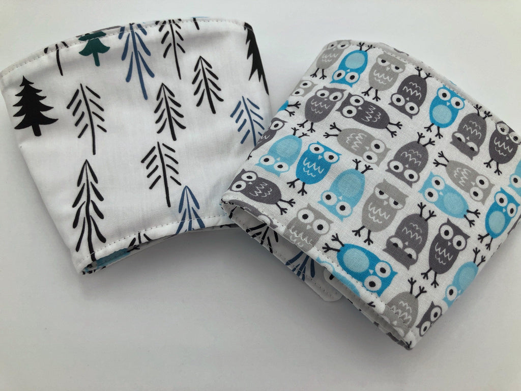 Blue Owl Iced Coffee Cozy, Gray Bird Coffee Sleeve, Nature Tree Hot Drink Cozy - EcoHip Custom Designs