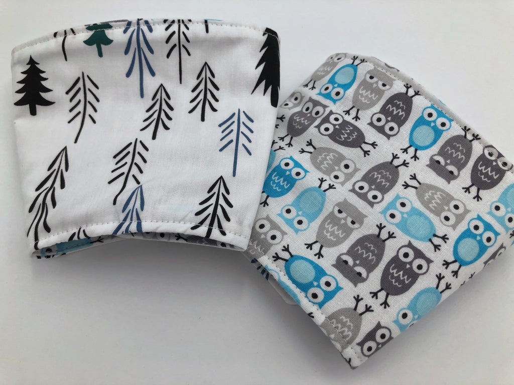 Blue Owl Iced Coffee Cozy, Gray Bird Coffee Sleeve, Nature Tree Hot Drink Cozy - EcoHip Custom Designs