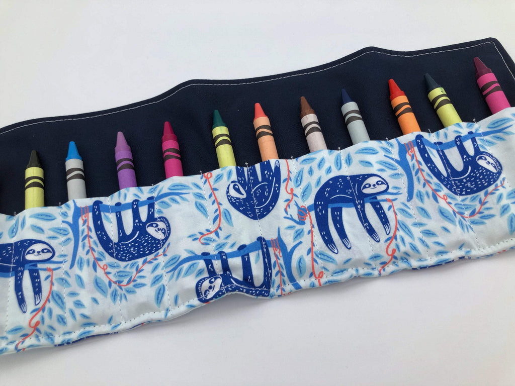 Sloths Crayon Roll, Blue Animal Crayon Caddy, Travel Toy for Kids - EcoHip Custom Designs