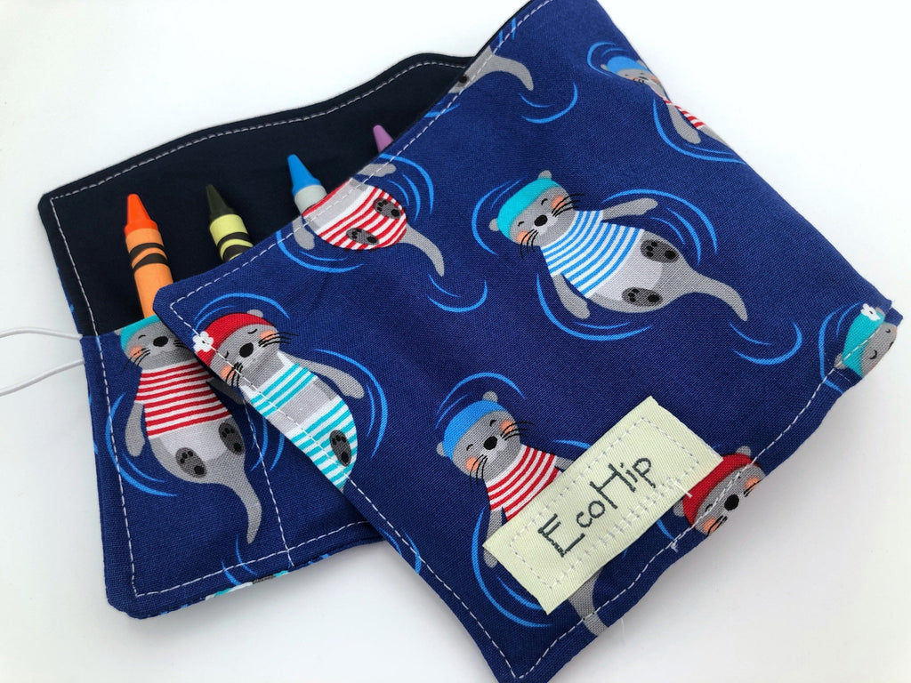 Sea Otter Crayon Roll, Travel Crayon Case Toy, Blue Crayon Holder - EcoHip Custom Designs