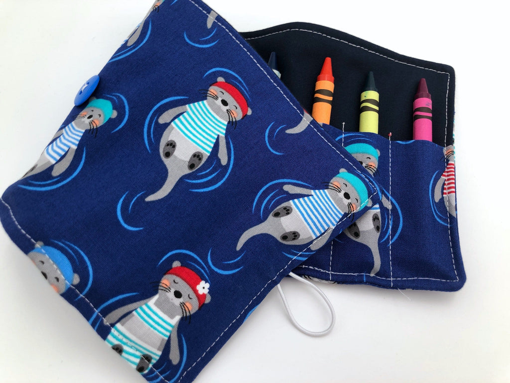 Sea Otter Crayon Roll, Travel Crayon Case Toy, Blue Crayon Holder - EcoHip Custom Designs