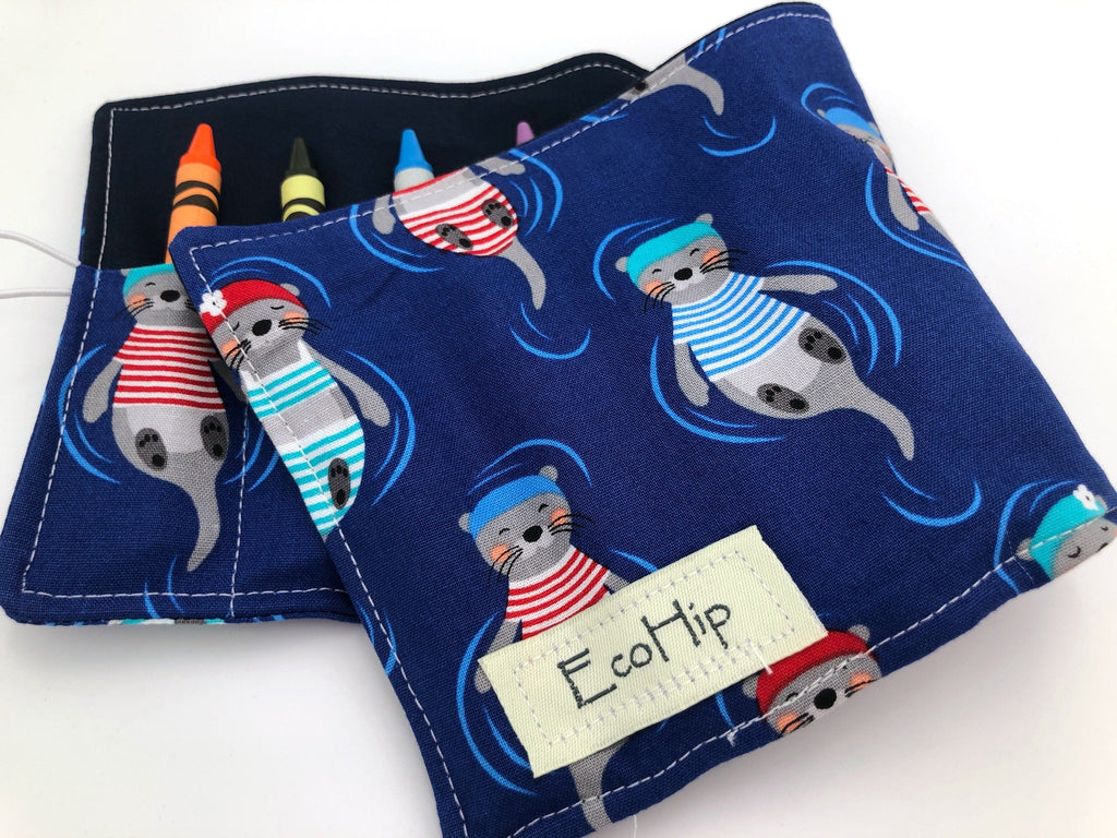 Sea Otter Crayon Roll, Travel Crayon Case Toy, Blue Crayon Holder - EcoHip Custom Designs