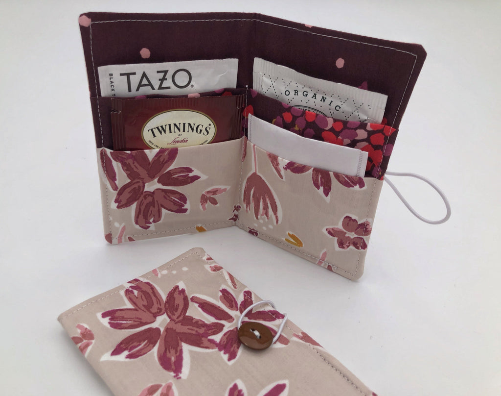 Beige Tea Bag Wallet, Red Foliage Teabag Holder, Travel Tea Bag Organizer - EcoHip Custom Designs