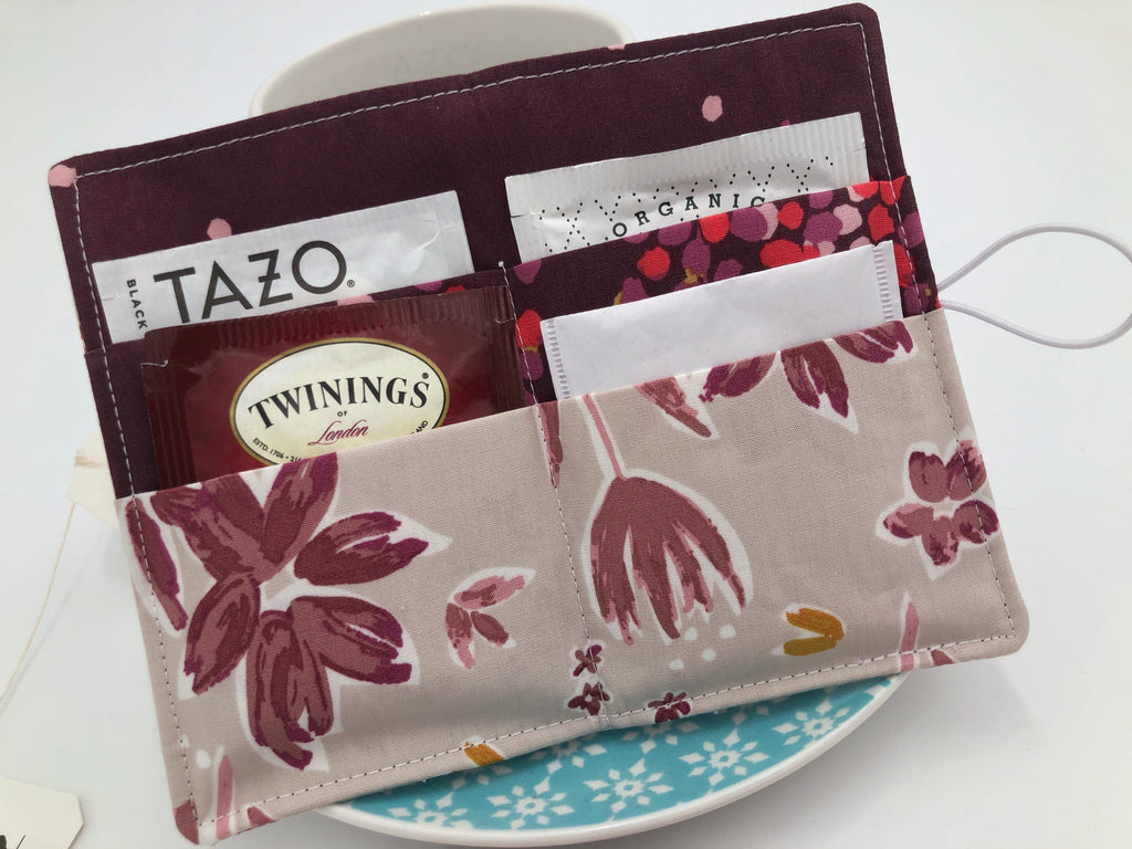 Beige Tea Bag Wallet, Red Foliage Teabag Holder, Travel Tea Bag Organizer - EcoHip Custom Designs