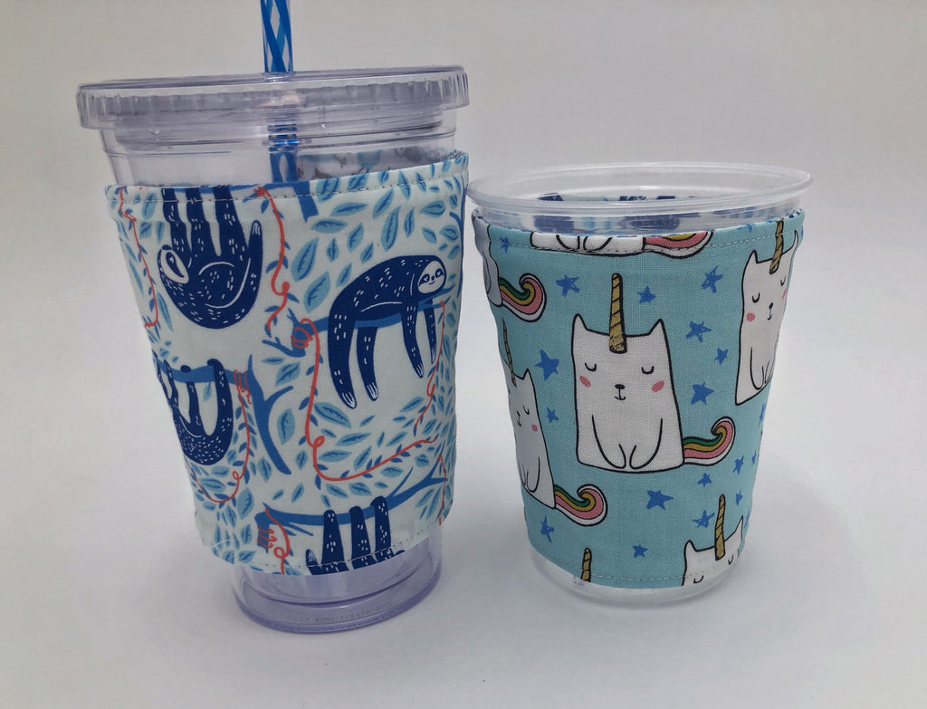 Blue Sloth Iced Coffee Cozy, Caticorn, Reversible Coffee Cozy, Reusable Drink Sleeve - EcoHip Custom Designs