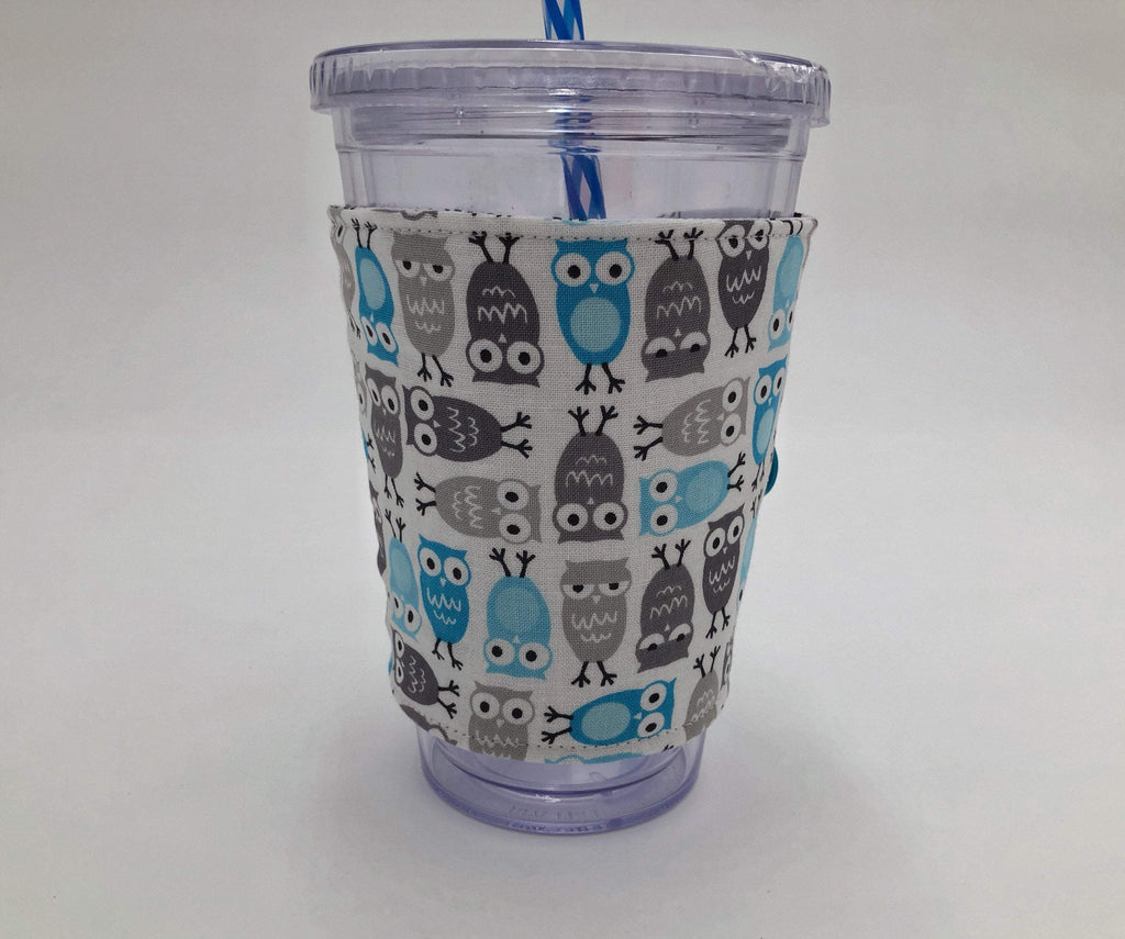 Blue Sloth Iced Coffee Cozy, Gray Owls Insulated Coffee Sleeve, Reversible Drink Cozy - EcoHip Custom Designs