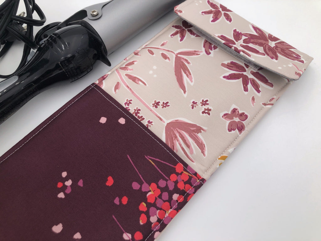 Dark Beige Curling Iron Case, Burgundy Flat Iron Holder, Travel Curling Wand Bag - EcoHip Custom Designs