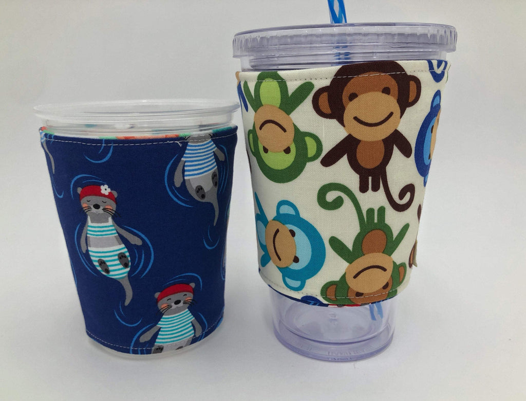 Otter Insulated Coffee Cozy, Animals, Monkey Reversible Iced Coffee Sleeve, Hot Tea Sleeve - EcoHip Custom Designs