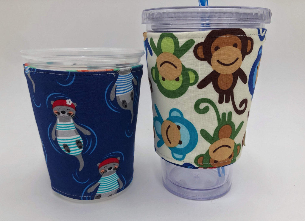 Otter Insulated Coffee Cozy, Animals, Monkey Reversible Iced Coffee Sleeve, Hot Tea Sleeve - EcoHip Custom Designs