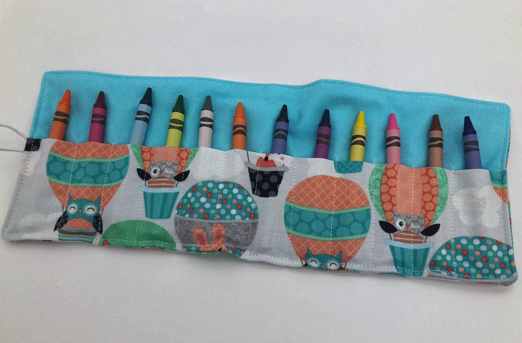 Balloon Crayon Roll Up, Owl Crayon Caddy, Blue Crayon Case, Foxes, Stocking Stuffer - EcoHip Custom Designs