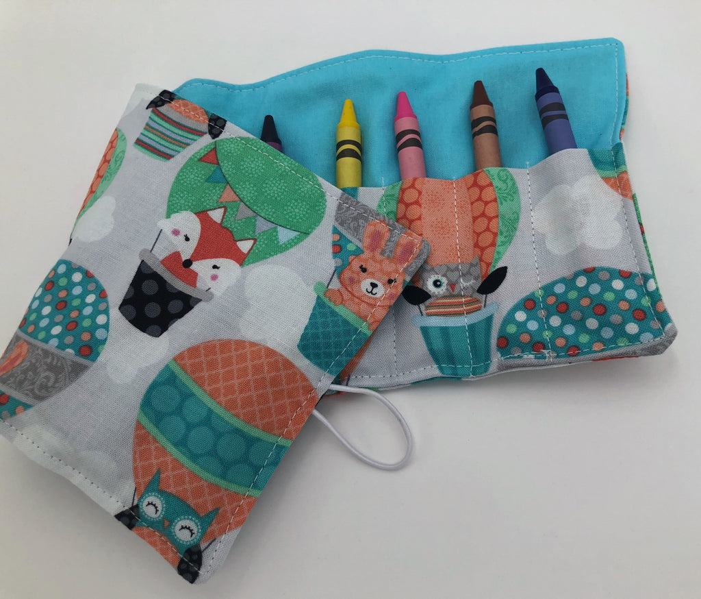 Balloon Crayon Roll Up, Owl Crayon Caddy, Blue Crayon Case, Foxes, Stocking Stuffer - EcoHip Custom Designs