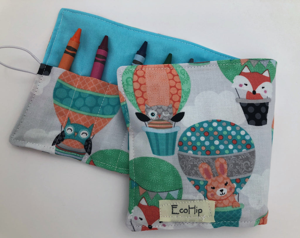 Balloon Crayon Roll Up, Owl Crayon Caddy, Blue Crayon Case, Foxes, Stocking Stuffer - EcoHip Custom Designs