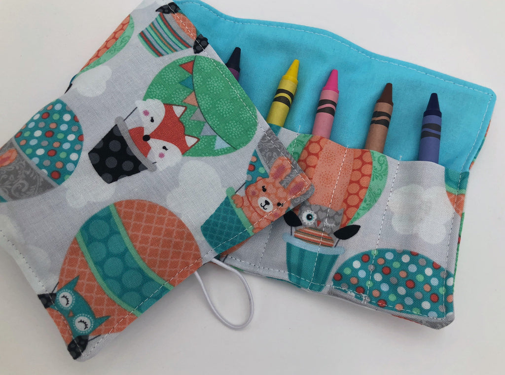 Balloon Crayon Roll Up, Owl Crayon Caddy, Blue Crayon Case, Foxes, Stocking Stuffer - EcoHip Custom Designs