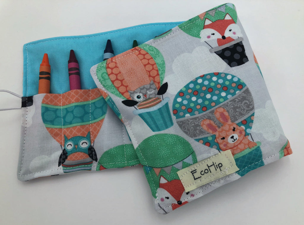 Balloon Crayon Roll Up, Owl Crayon Caddy, Blue Crayon Case, Foxes, Stocking Stuffer - EcoHip Custom Designs