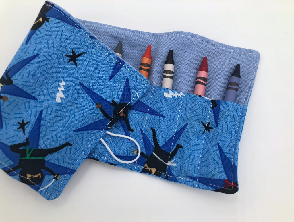 Blue Ninja Crayon Roll Up, Travel Martial Arts Toy, Crayon Wallet, Crayon Case - EcoHip Custom Designs