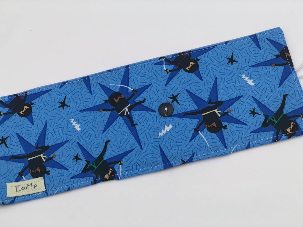 Blue Ninja Crayon Roll Up, Travel Martial Arts Toy, Crayon Wallet, Crayon Case - EcoHip Custom Designs