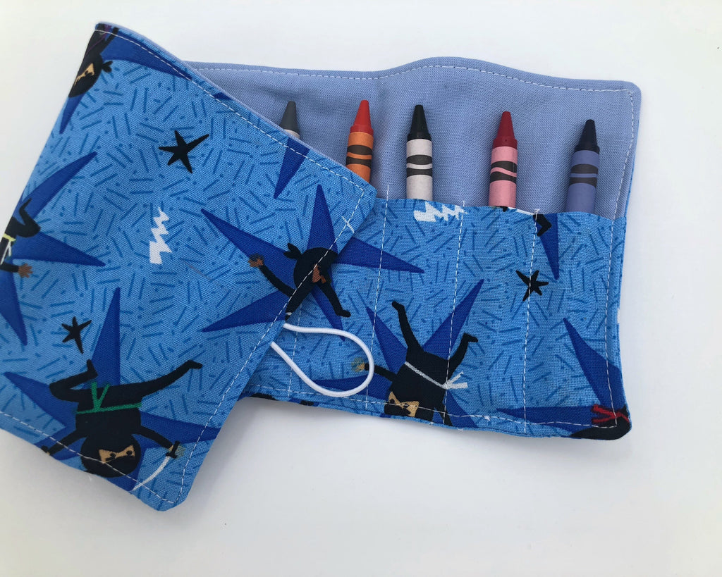 Blue Ninja Crayon Roll Up, Travel Martial Arts Toy, Crayon Wallet, Crayon Case - EcoHip Custom Designs