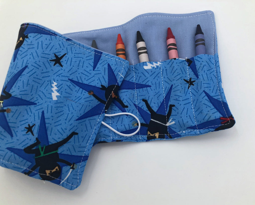 Blue Ninja Crayon Roll Up, Travel Martial Arts Toy, Crayon Wallet, Crayon Case - EcoHip Custom Designs