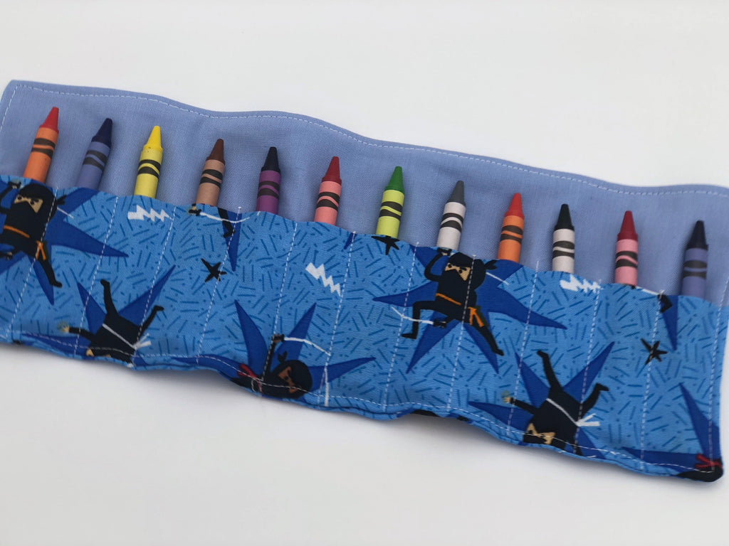 Blue Ninja Crayon Roll Up, Travel Martial Arts Toy, Crayon Wallet, Crayon Case - EcoHip Custom Designs