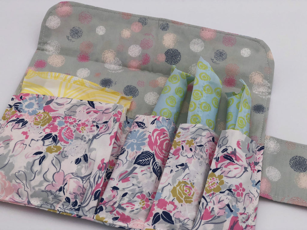 Pink Floral Tampon Bag, Gray Dot Sanitary Pad Pouch, Privacy Wallet Case for Women - EcoHip Custom Designs