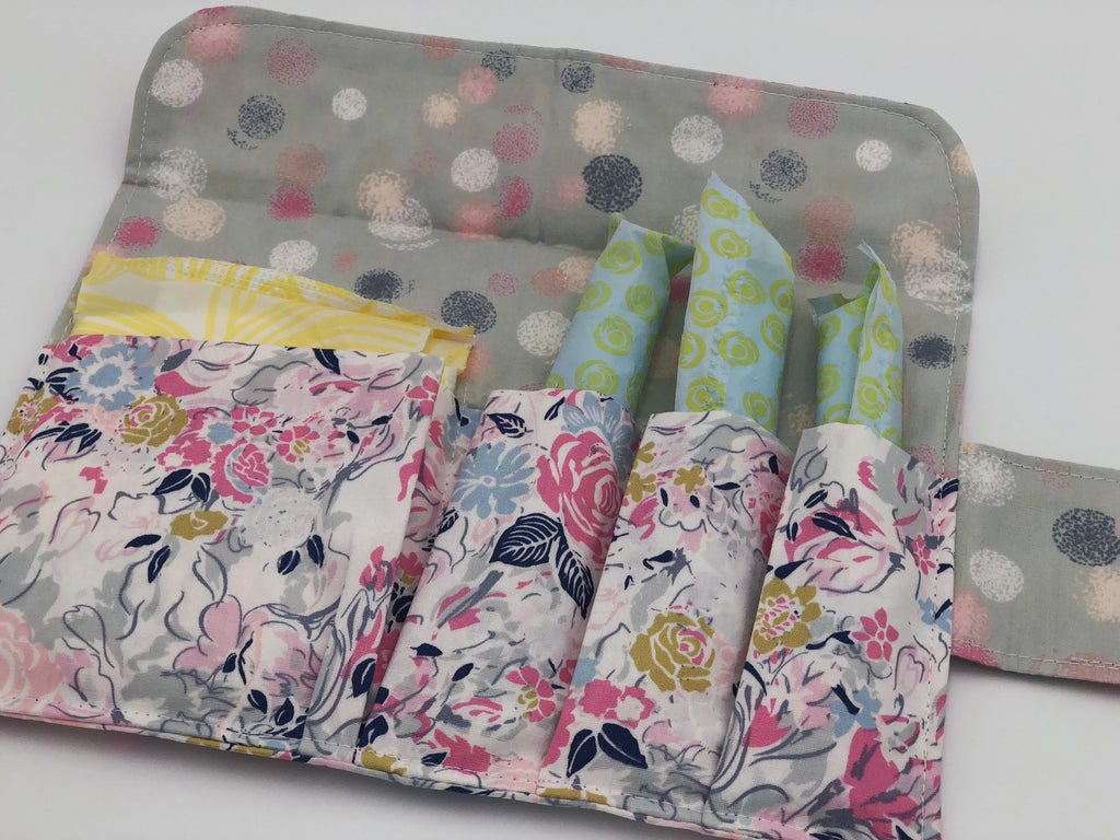 Pink Floral Tampon Bag, Gray Dot Sanitary Pad Pouch, Privacy Wallet Case for Women - EcoHip Custom Designs