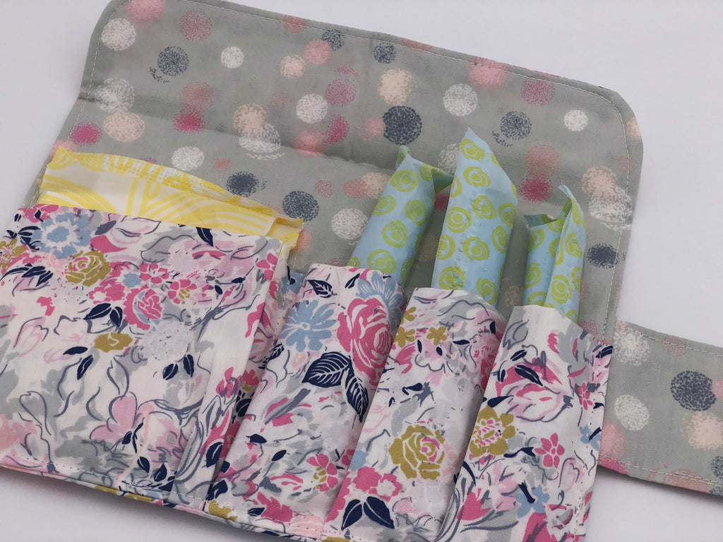 Pink Floral Tampon Bag, Gray Dot Sanitary Pad Pouch, Privacy Wallet Case for Women - EcoHip Custom Designs