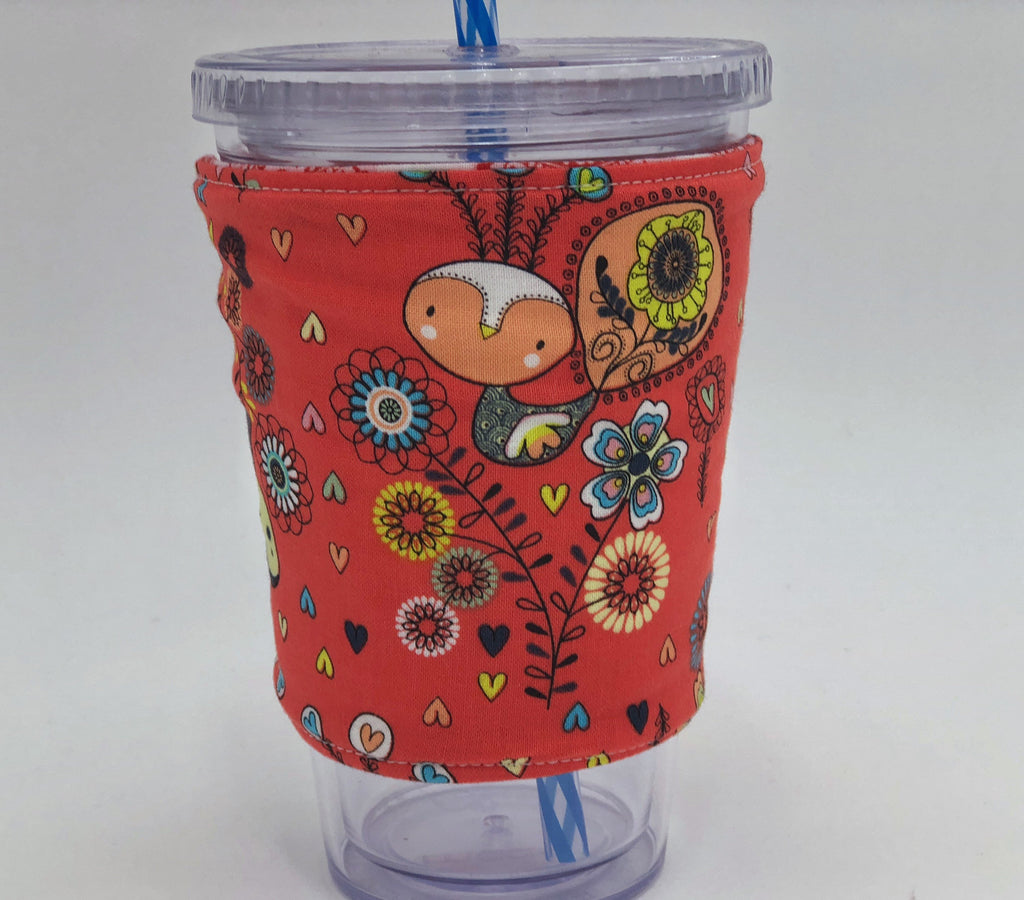 Peacock Iced Coffee Cozy, Red Insulated Hot Coffee Sleeve, Reversible Drink Cozy - EcoHip Custom Designs